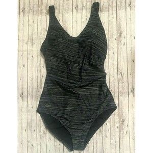 SPEEDO Women Swimsuit Size 8 Black Gray Lightly Padded Side Ruched One Piece